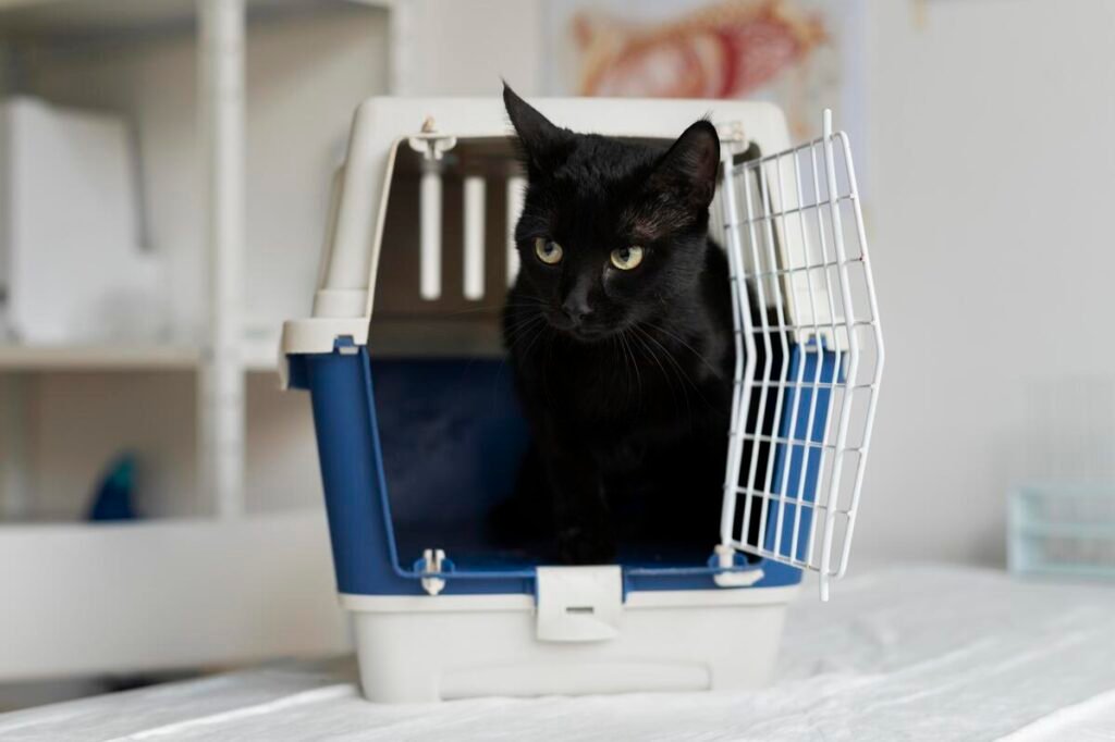 Un chat domestique au calme dans un box vétérinaire vitré après une opération de chirurgie.