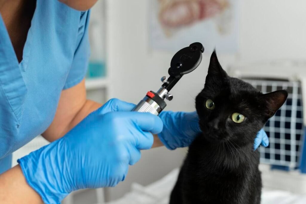 Ophtalon pour un chat atteint de coryza : posologie et efficacité 3 Un vétérinaire examinant attentivement les yeux et le nez d'un chat malade.