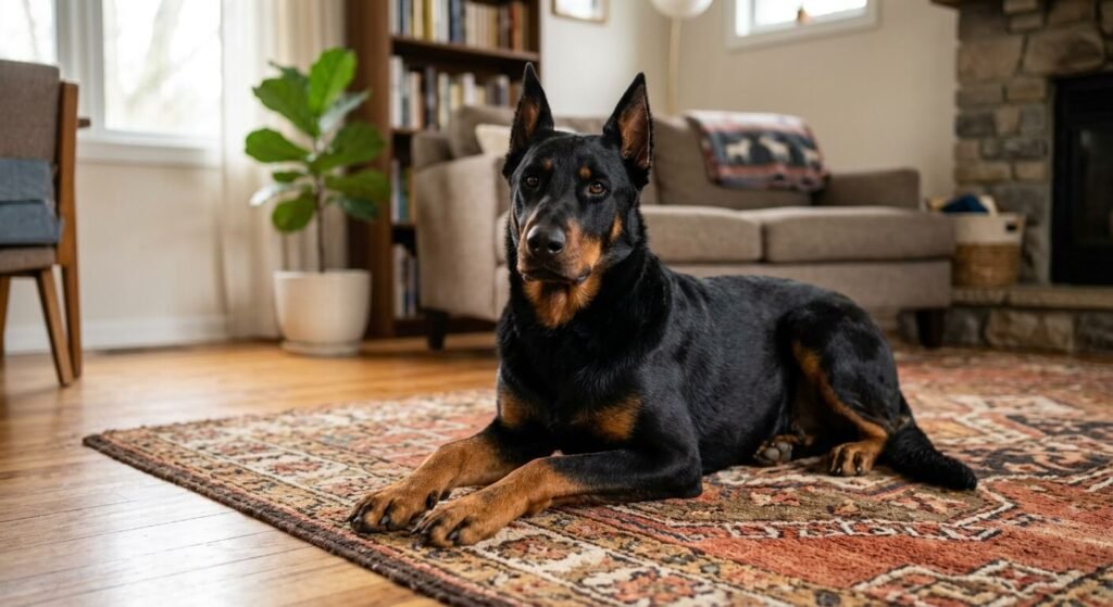 Un Beauceron adulte sagement couché sur son tapis de salon, l'air paisible et attentif.