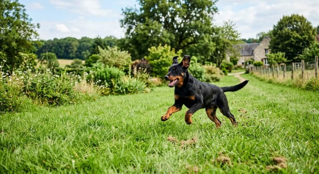 Un jeune chien Beauceron noir et feu plein d'énergie courant dans un grand jardin herbeux.