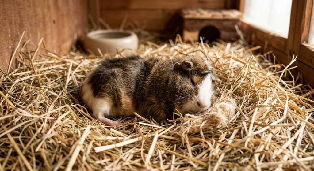 Mon cochon d'Inde est mort les yeux ouverts : les explications et le deuil 8 Un petit cochon d'Inde endormi paisiblement au milieu de la paille de son enclos.