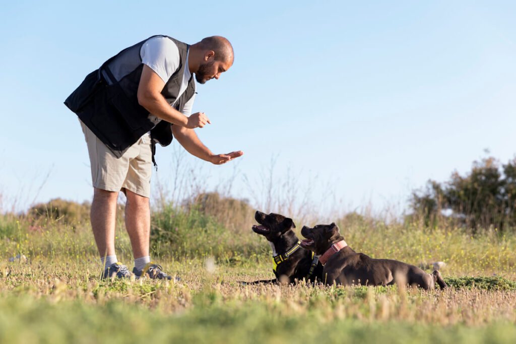 Un éducateur canin bienveillant guidant un maître et son jeune chien lors d'une séance d'exercice en extérieur.