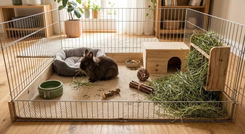 Paralysie du train arrière chez le lapin nain : causes et traitements 3 Un enclos pour lapin nain bien aménagé au sol avec un tapis antidérapant et du foin frais.