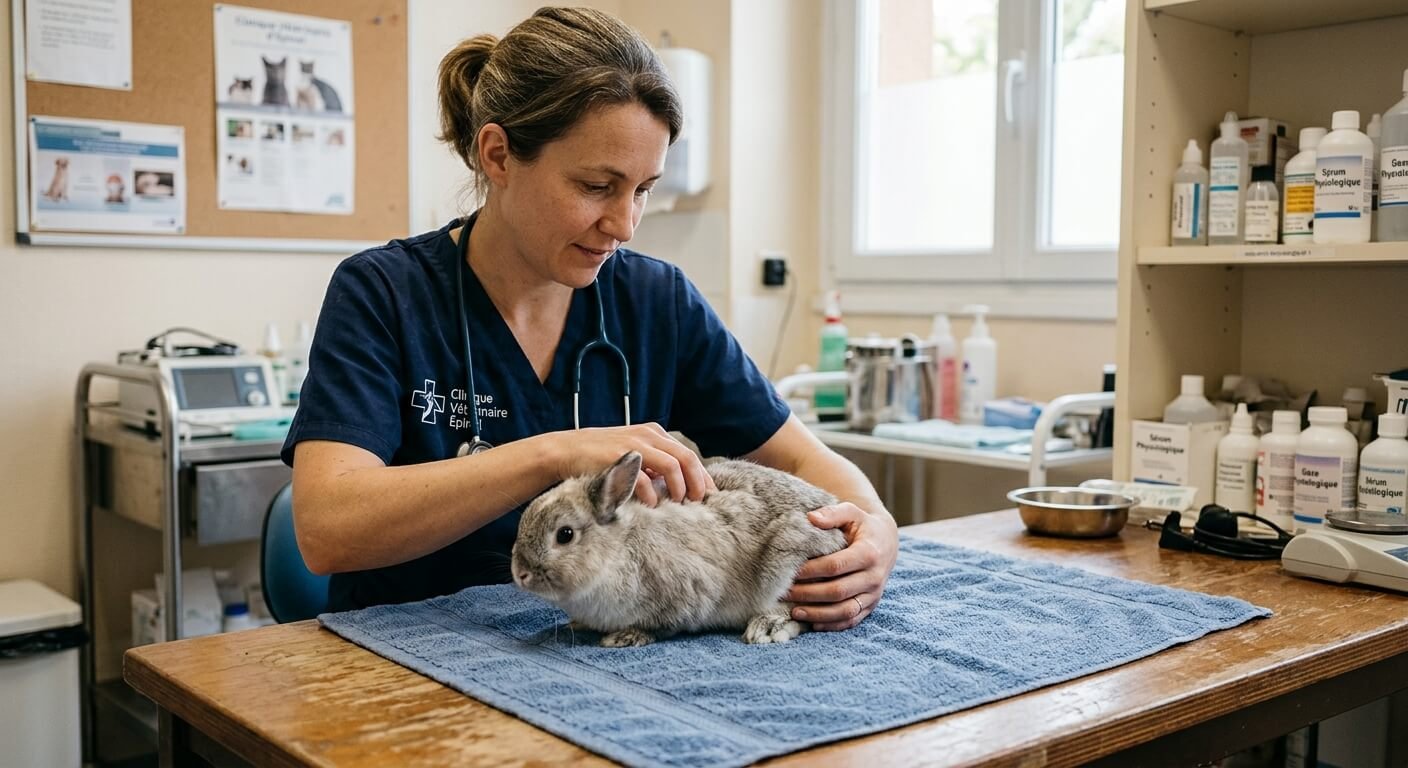 Un vétérinaire examinant avec douceur la colonne vertébrale et les pattes arrière d'un lapin nain.