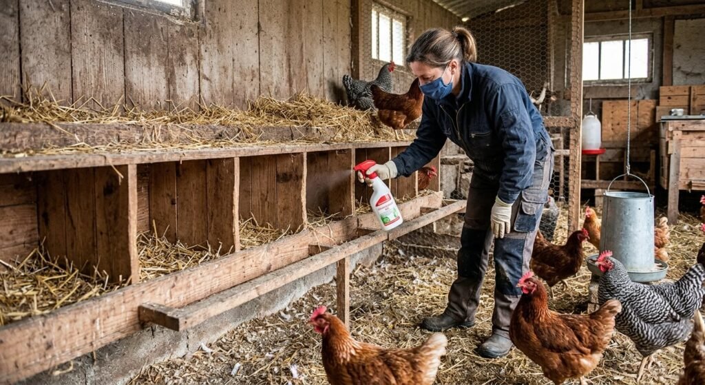 Poule déplumée et croupion rouge : identifier les causes et soigner son élevage 3 Un éleveur désinfectant les pondoirs en bois d'un poulailler familial.