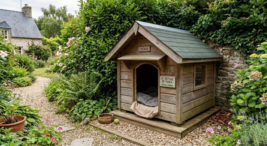 Mon chien veut rester dehors la nuit : pourquoi et que faire 3 Une niche en bois bien isolée et confortable installée à l'abri du vent dans un jardin.