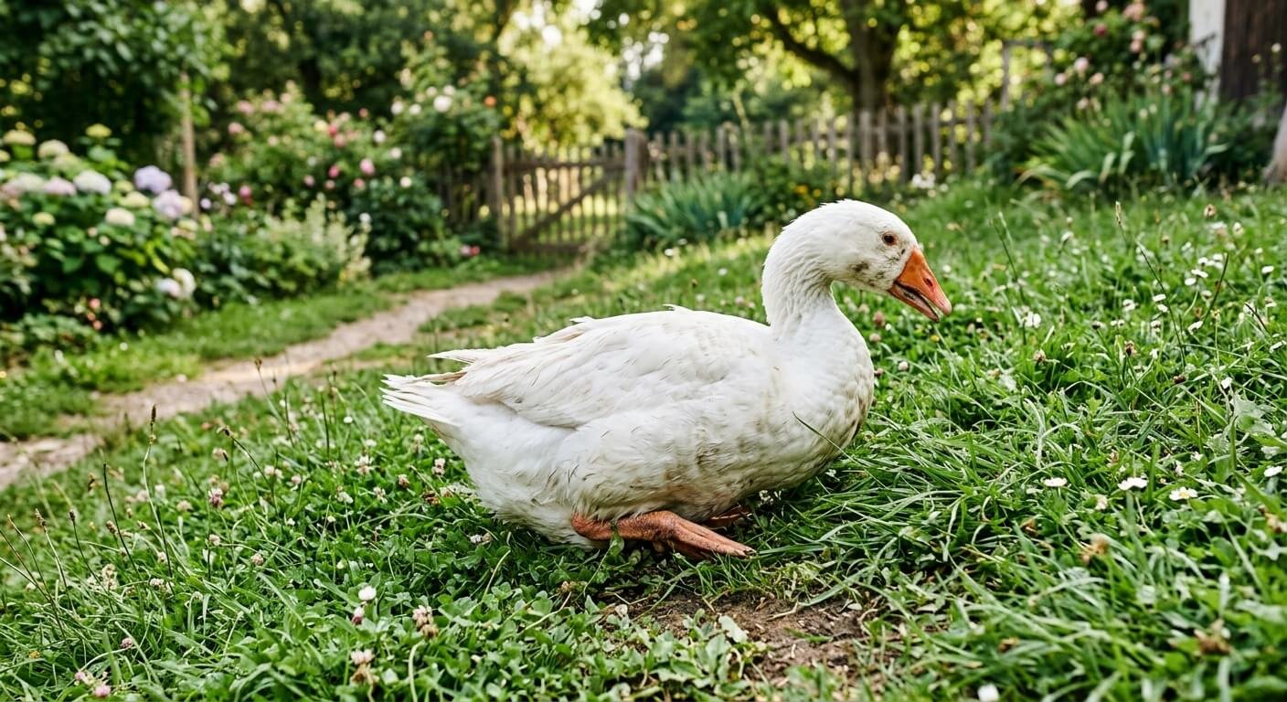 Une oie blanche assise dans l'herbe du jardin, montrant des difficultés à se lever.