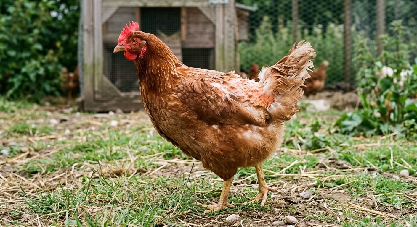 Une poule rousse présentant une perte de plumes au niveau du dos et de l'arrière du corps.