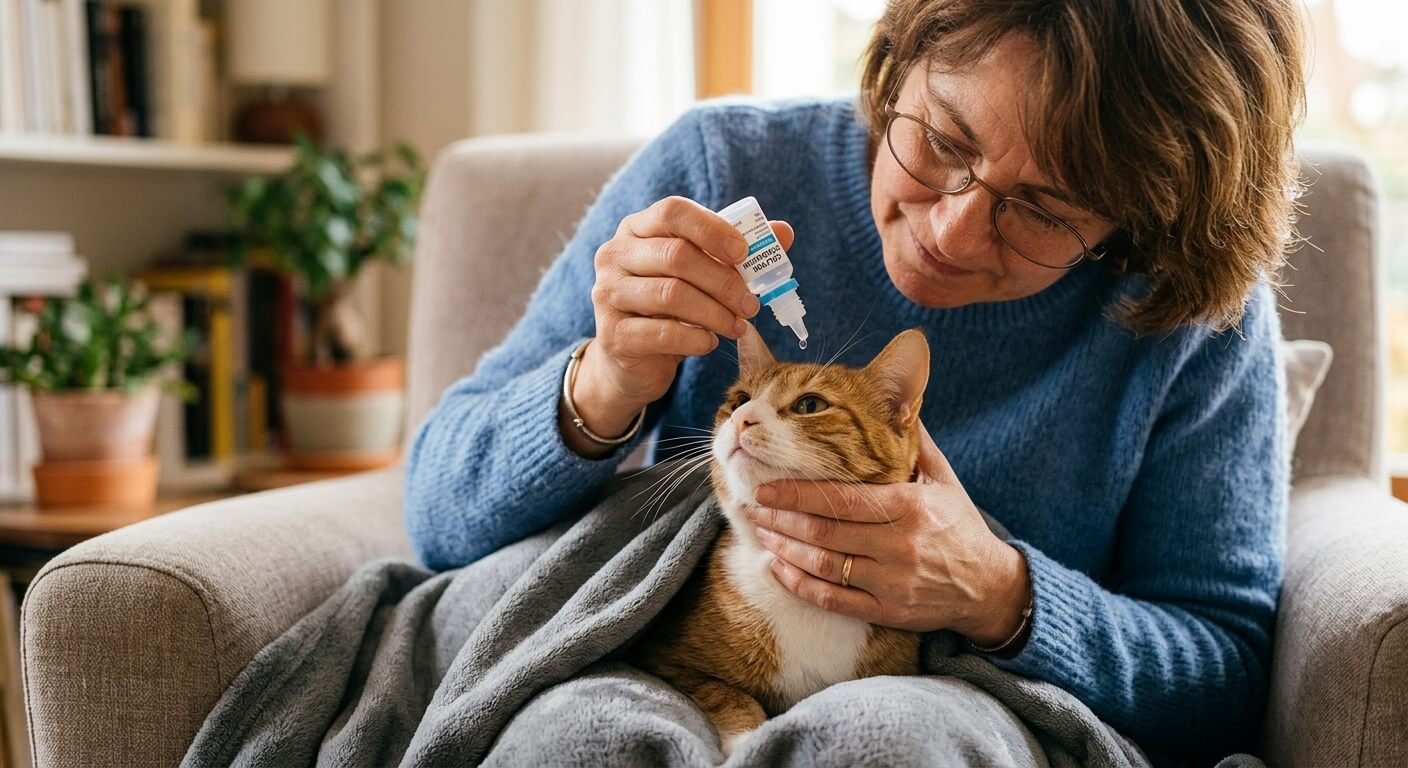Une personne appliquant délicatement des gouttes de collyre dans l'œil d'un chat.