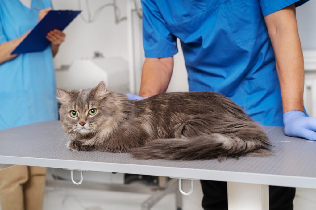 Un vétérinaire examinant un chat en détresse sur une table de consultation en clinique.