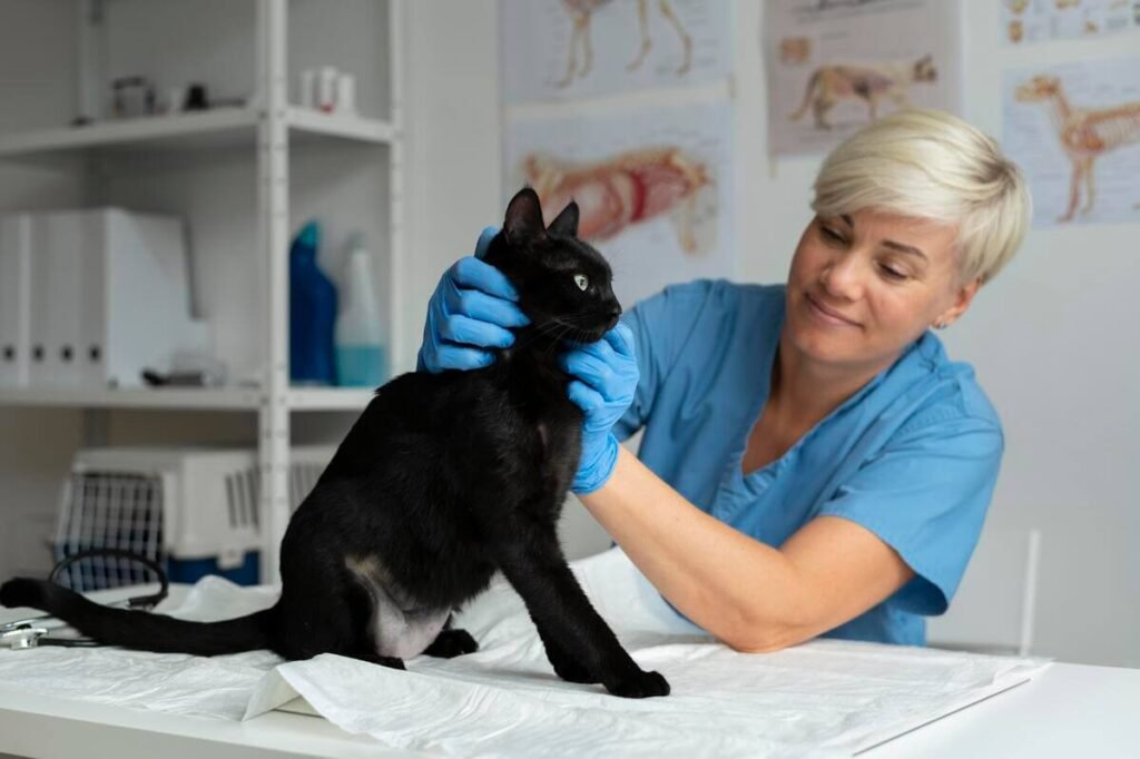 Un vétérinaire caressant doucement la tête d'un chat lors d'une visite médicale de fin de vie.