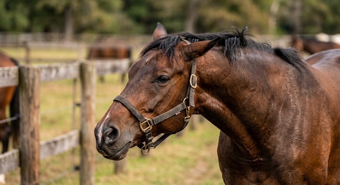 Tête d'un cheval repliant ses oreilles vers l'arrière dans une posture d'avertissement.