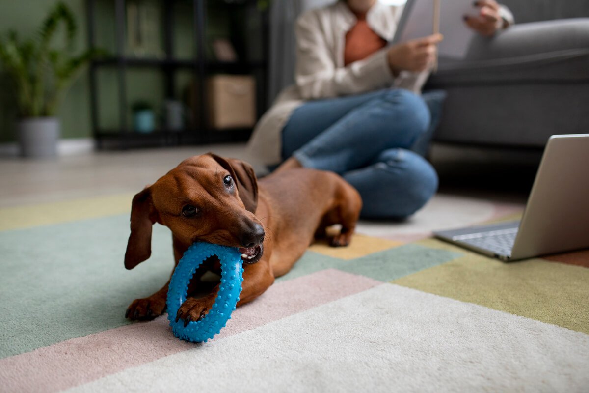 Chiot surexcité jouant frénétiquement dans le salon en fin de journée.