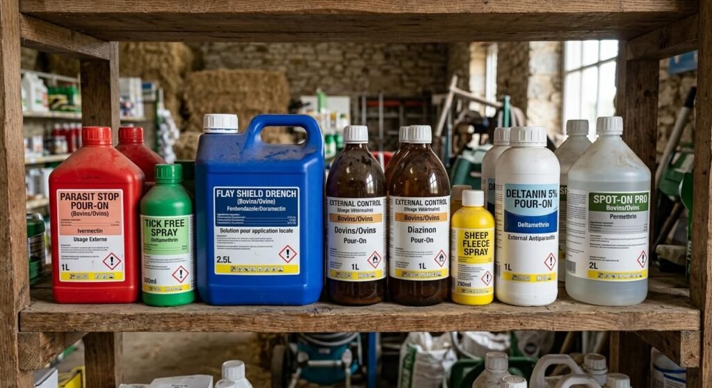 Flacons de solutions antiparasitaires externes pour bovins et ovins.