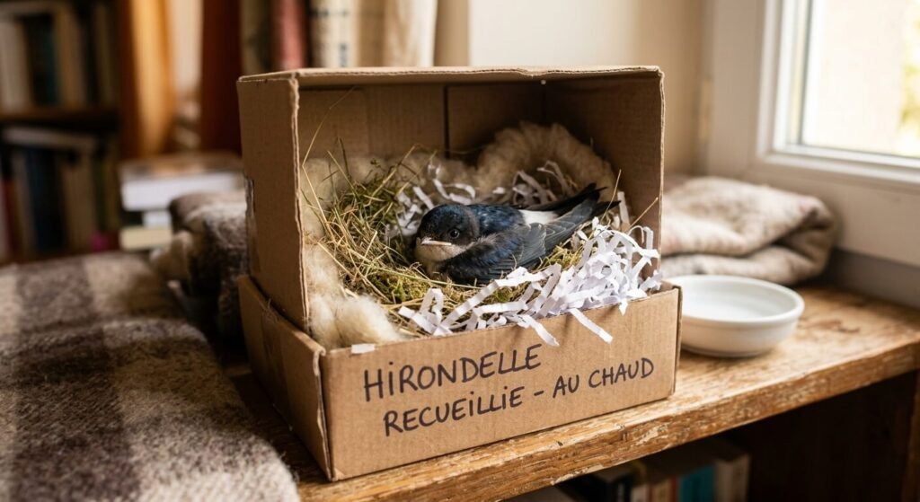 Nourrir une hirondelle tombée du nid : alimentation et secours 3 Jeune hirondelle des fenêtres recueillie au chaud dans un carton.