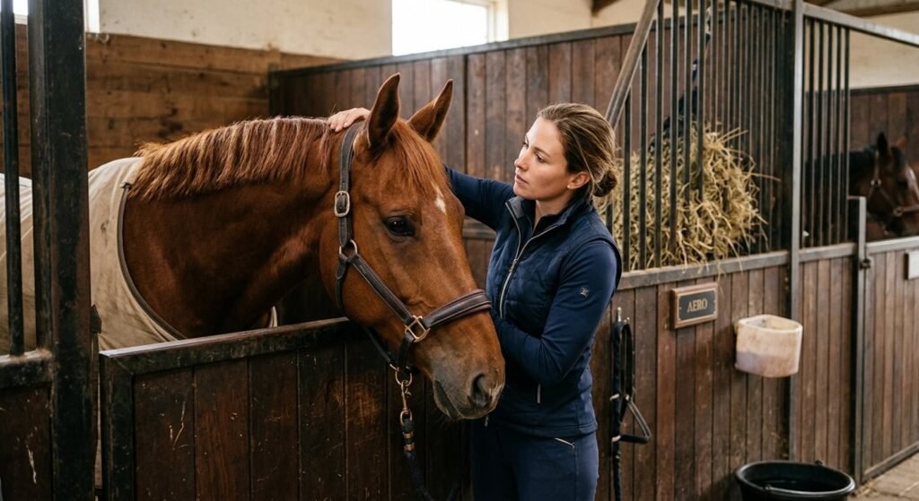 Cheval avec les oreilles en arrière : significations et langage 4 Cavalier observant l'orientation des oreilles de son cheval au box.
