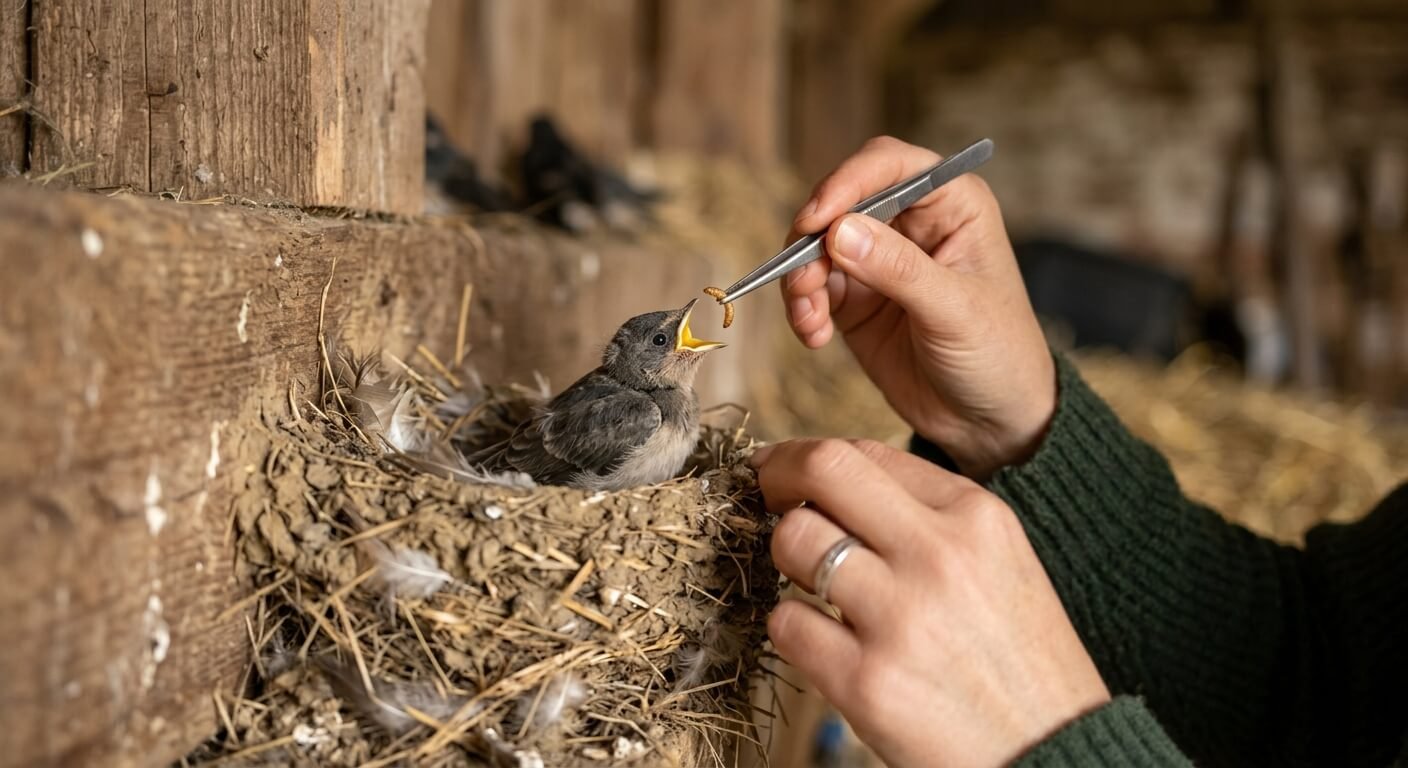 Nourrissage délicat d'un jeune oisillon d'hirondelle à la pincette.