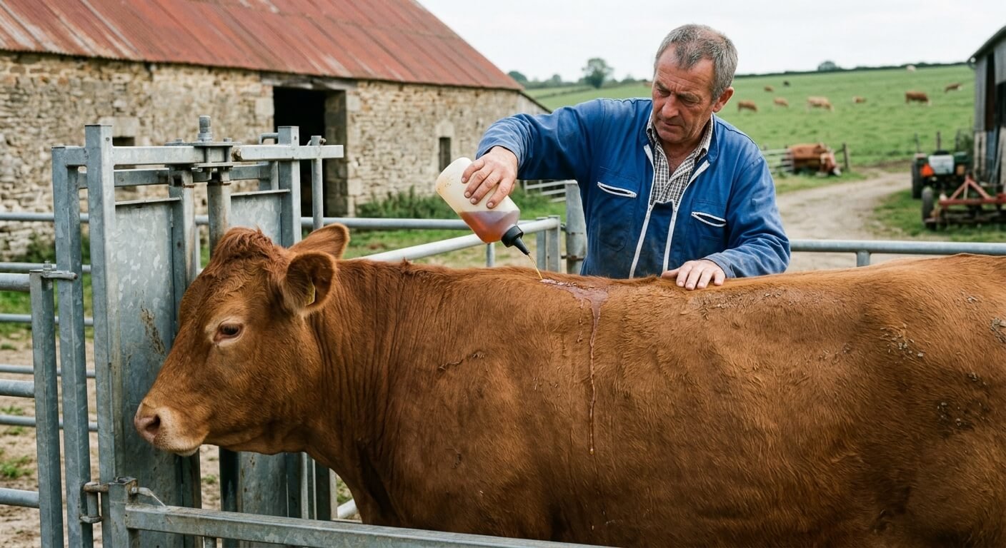 Éleveur appliquant un traitement antiparasitaire en pour-on sur le dos d'un bovin.