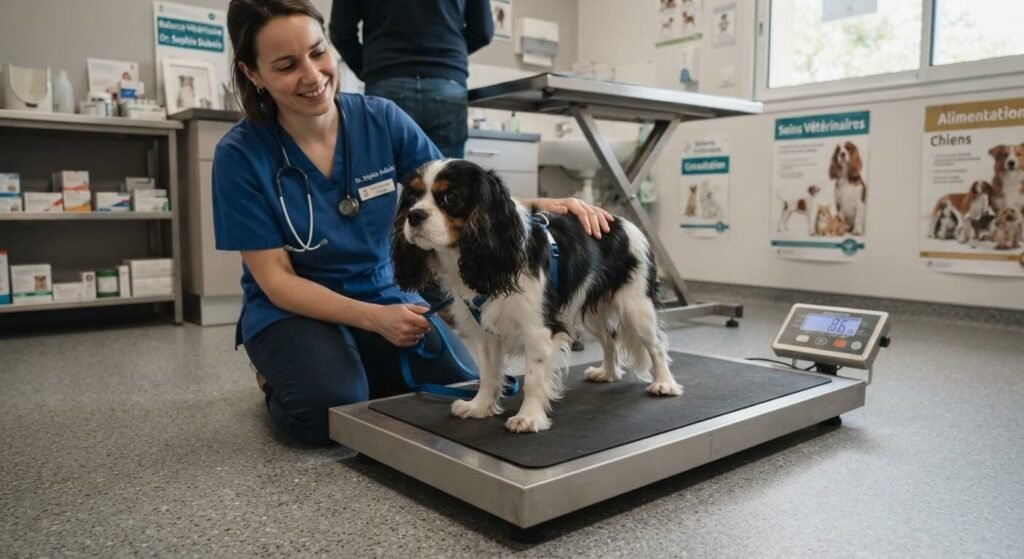 Cavalier King Charles pesé sur la balance d'un cabinet vétérinaire.