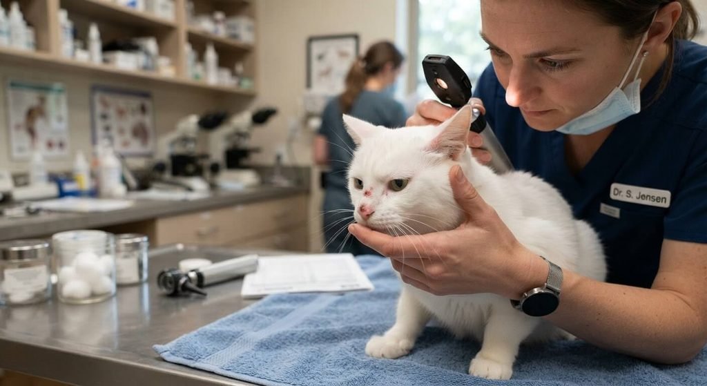 Chat blanc examiné chez le vétérinaire pour une lésion suspecte causée par le soleil sur le nez.