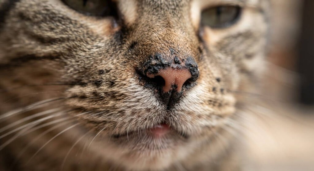 Croûte noire sur le nez du chat : causes et quand consulter 8 Gros plan sur le nez d'un chat présentant des croûtes noirâtres au niveau des narines.