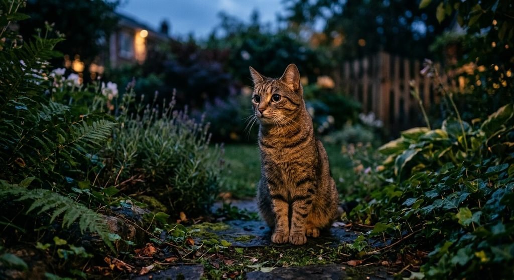 Une martre peut-elle tuer un chat ? 4 Chat domestique attentif dans un jardin à la tombée de la nuit face aux bruits extérieurs.