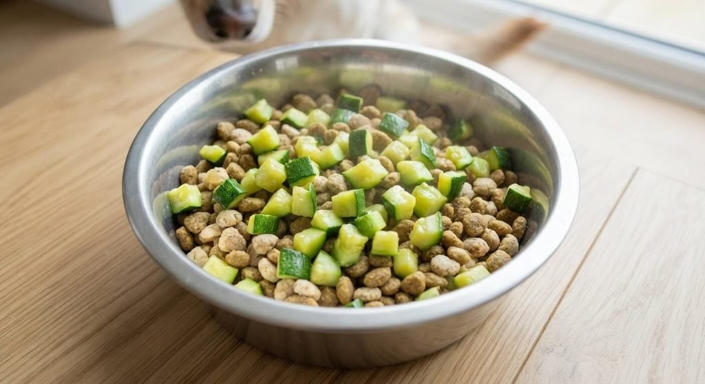 Repas allégé pour chien composé de croquettes de régime et de dés de courgettes cuites.