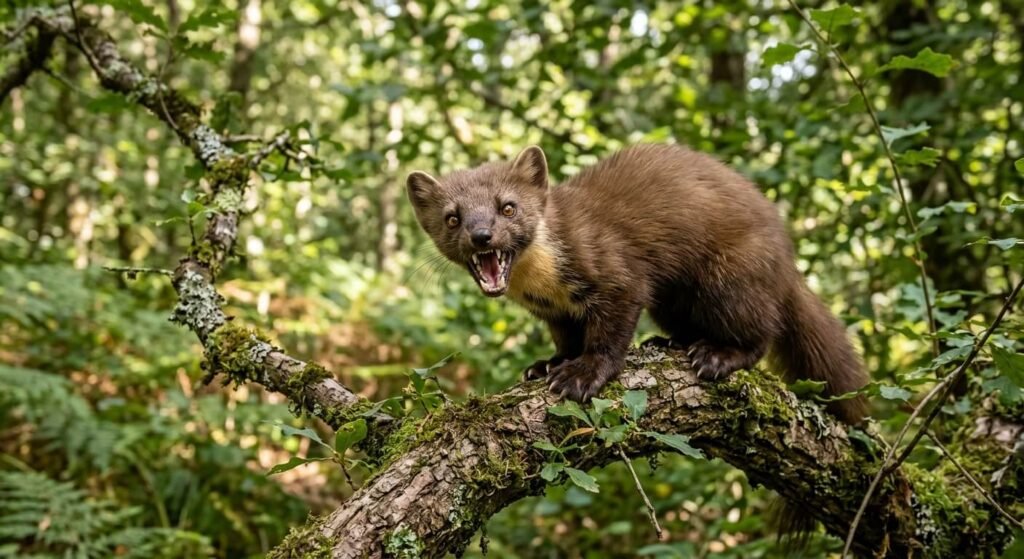 Une martre peut-elle tuer un chat ? 2 Martre des pins perchée sur une branche d'arbre montrant ses dents acérées.