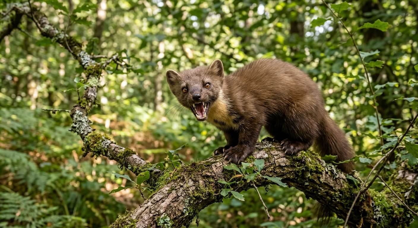 Martre des pins perchée sur une branche d'arbre montrant ses dents acérées.