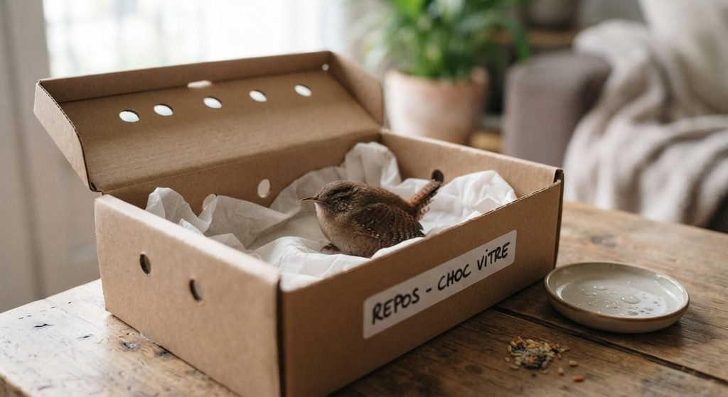 Comment savoir si un oiseau est mort : les signes à observer 3 Petit passereau placé au calme dans un carton aéré pour récupérer après un choc contre une vitre.