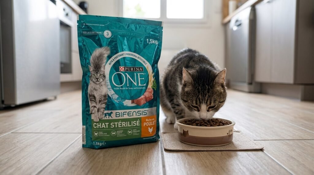Purina One chat avis vétérinaire : ce qu'on peut vraiment en dire 2 Paquet de croquettes Purina One pour chat stérilisé posé à côté d'une gamelle.