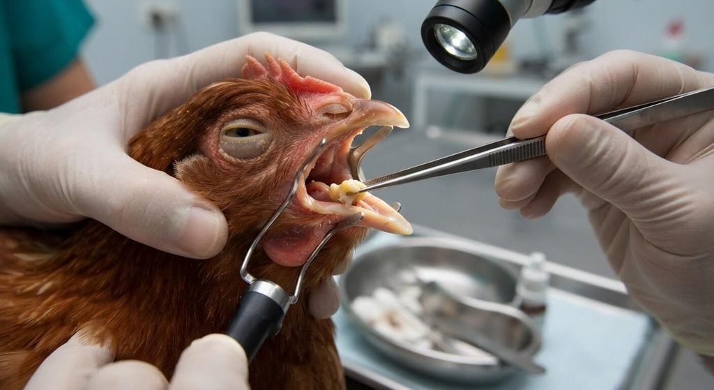 Soin de la cavité buccale d'une poule pour extraire un bouchon de fibrine obstructing la trachée.