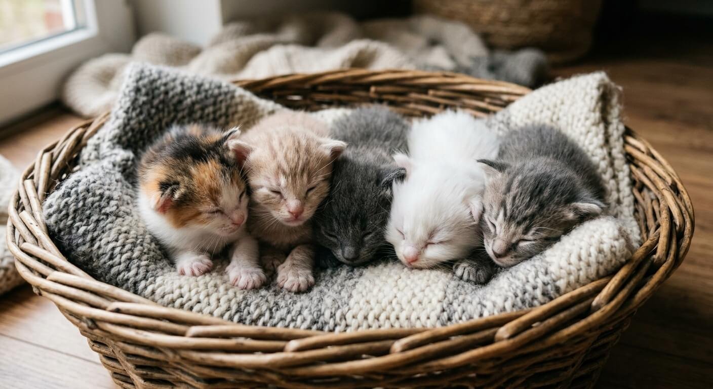Portée de chatons nouveau-nés blottis dans un panier montrant des textures de pelage différentes.