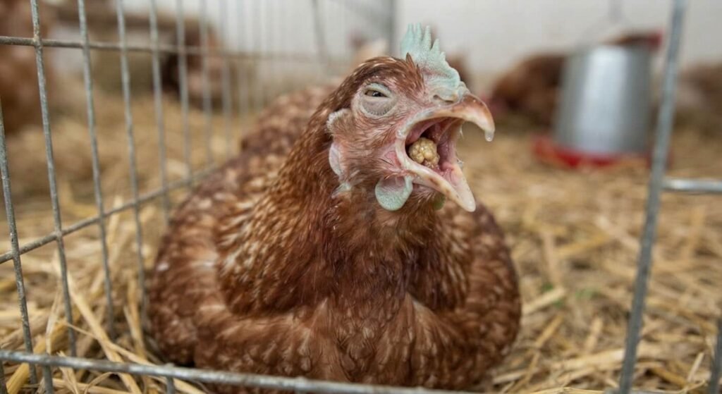 Poule malade respirant le bec ouvert avec présence d'un bouchon caséeux de fibrine.