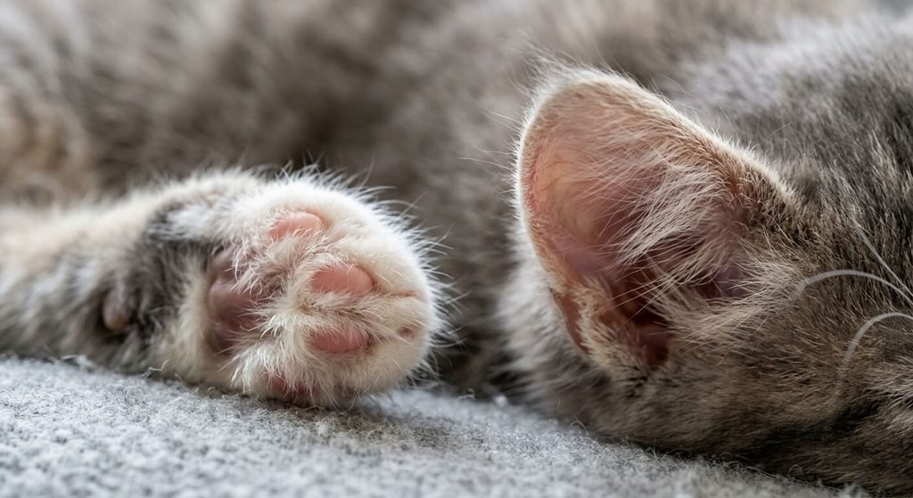 Gros plan sur les touffes de poils entre les coussinets et l'intérieur des oreilles d'un chaton.
